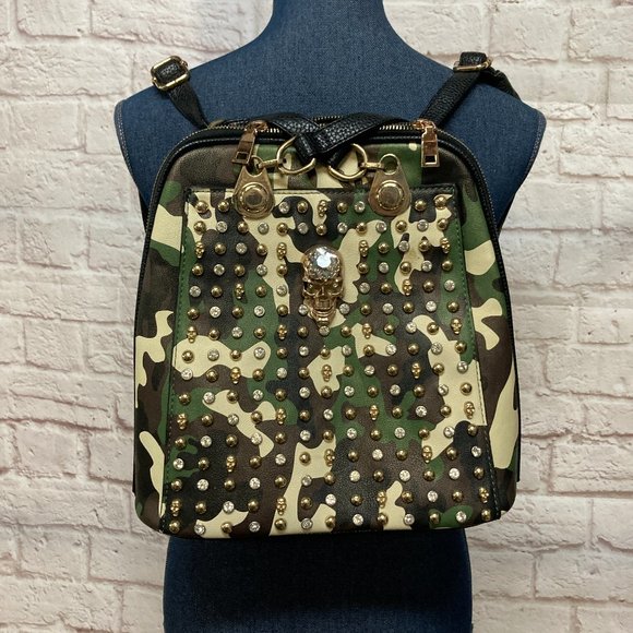 Women's/Kids Camouflage Backpack with Skull and Sequins Tan/Green/Brown - Picture 1 of 5